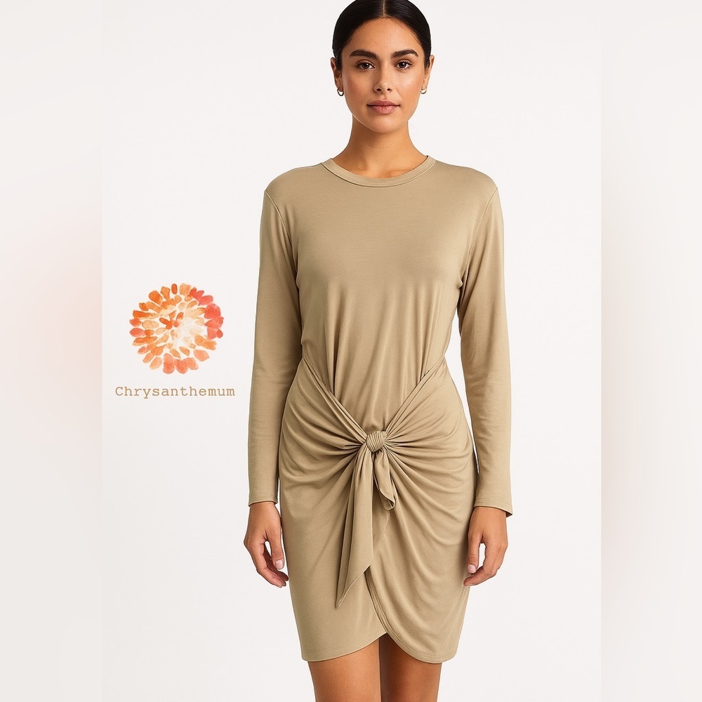 Chrysanthemum Women’s Long Sleeve Knotted Dress Large Beige Bodycon Mini
